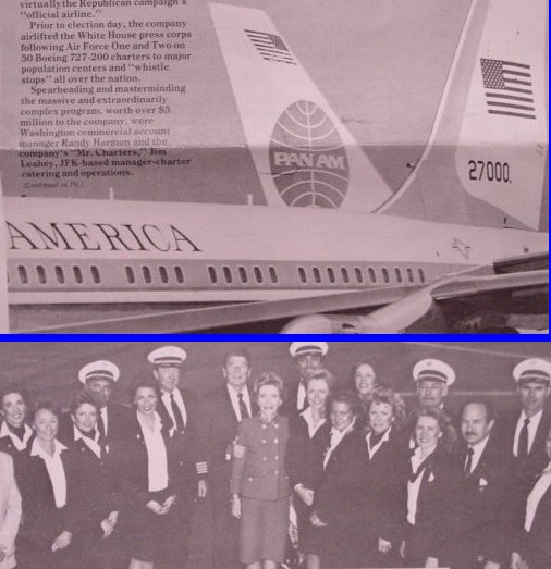 1985 President & Mrs Reagan pose with Pan Am crew.  Pan Am carried the US Press Corp accompanying the President on all trips until the company shut down in December of 1991.